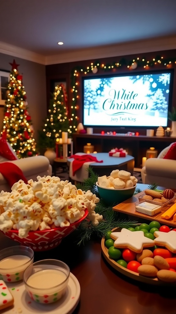 A cozy movie night setup with holiday snacks including popcorn, cookies, and vegetables.